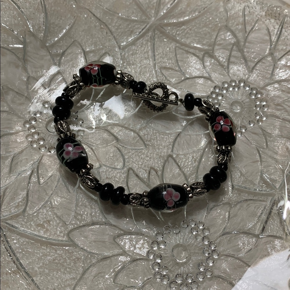 Murano art glass style beaded heart toggle clasp bracelet